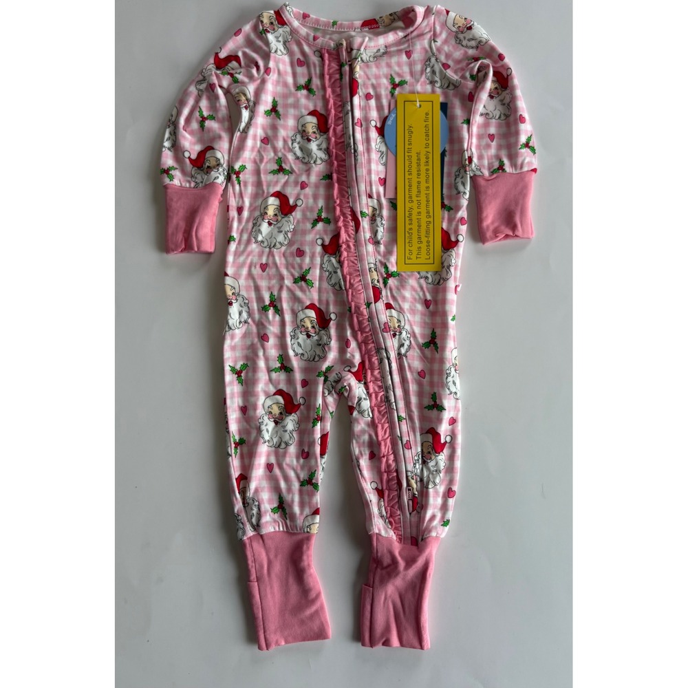 Rufflebutts Infant 0-3M Dear Santa Pink Bamboo Ruffle Pajamas‎ Convertible NWT